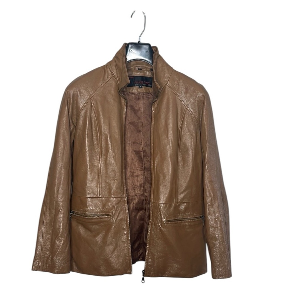 Phase Two Distressed Leather Jacket Tan Moto Style